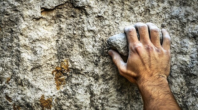 A close-up shot of a climber's hand gripping a large, textured rock during an ascent.