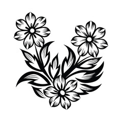 Floral Motif Black Blossom with Bold Petals and Stylized Leaves on White Backdrop