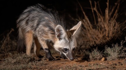Fototapeta premium Nocturnal Cape Fox Foraging in Arid Bushveld at Night