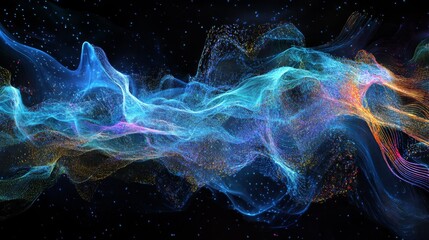 Wavy blue lines show data in a modern, holographic style.
