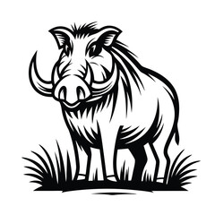 Warthog Standing in Grass, Silhouette Illustration, Black and White, Isolated