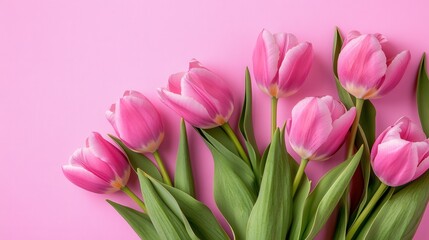 A row of pink and white tulips with green leaves against a solid pink background.