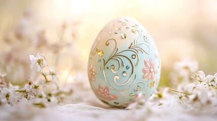Fototapeta premium Vibrant Easter egg with delicate pink flowers and golden details
