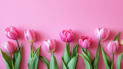 Obraz premium A row of pink and white tulips with green leaves against a solid pink background.
