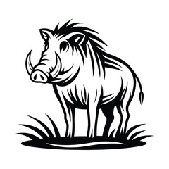 Stylized Black and White Silhouette of a Warthog on Grass Looking to the Left