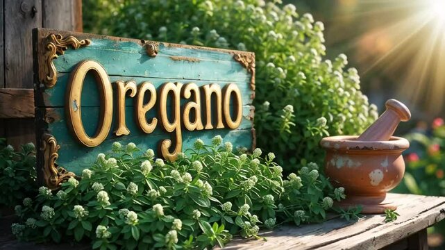 sign with oregano inscription, fresh herbs on table, sunny day

