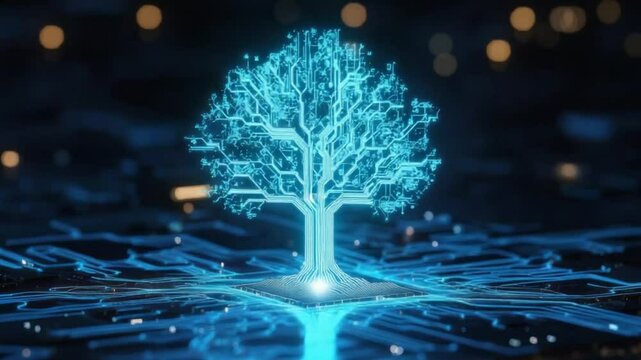 Digital tree of knowledge on a circuit board.  A glowing, stylized tree made of interconnected lines, 
