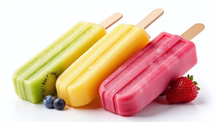 Colorful fruit ice cream bars stacked diagonally, Juicy tropical flavors with textured layers, Frozen fruity treats with realistic shine, Isolated on a transparent background