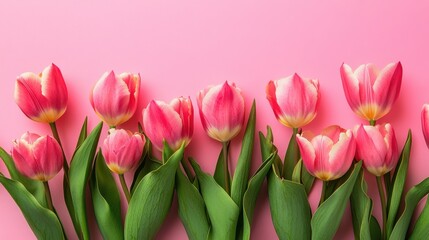 Fototapeta premium A row of pink and white tulips with green leaves against a solid pink background.