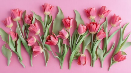 Obraz premium A row of pink and white tulips with green leaves against a solid pink background.