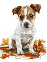Cute baby Jack Russell Terrier surrounded by colorful autumn leaves in a whimsical watercolor style