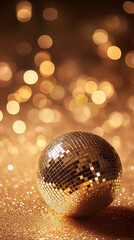 Golden disco ball on glitter surface, bokeh background. Symbolizes celebration, party, nightlife, glamour