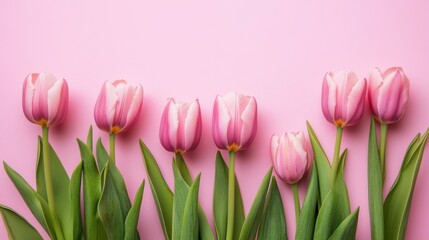 Fototapeta premium A row of pink and white tulips with green leaves against a solid pink background.