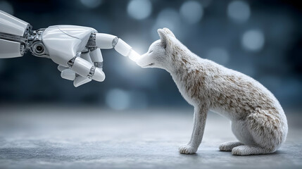 of a robot hand petting a glowing fox hybrid