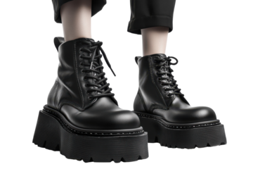 Edgy black leather platform boots chunky sole lace up detail stylish footwear bold design modern