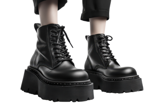 Edgy black leather platform boots chunky sole lace up detail stylish footwear bold design modern