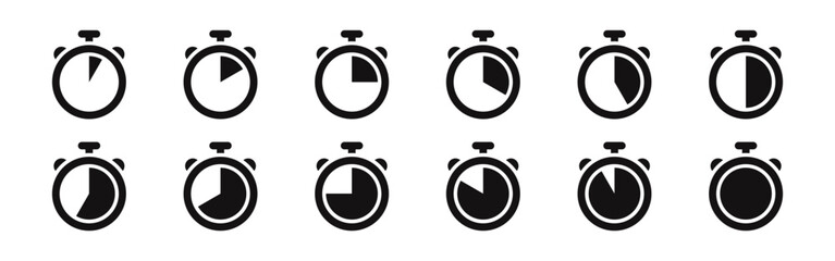 Timer icons set. Stopwatch, kitchen timer, countdown timer, cooking time symbols. Vector illustration.