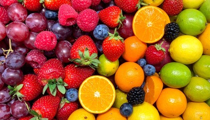 Obraz premium A vibrant explosion of chopped fruit slices flying outward against a colorful background, showcasing a dynamic burst of juicy flavors and textures in a high-energy, close-up visual scene