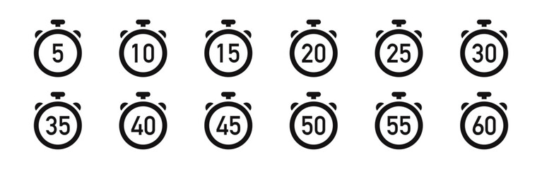 Timer icons set. Stopwatch, kitchen timer, countdown timer, cooking time symbols.