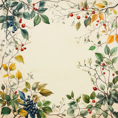 Fototapeta premium Botanical illustration with autumn leaves and berries frame.