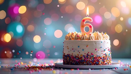 Festive sixth birthday cake with lit candle, colorful sprinkles, and bokeh background