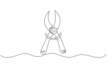 Continuous one line drawing of secateurs plant equipment, Gardening hedge trimmers line drawing with editable stroke, minimalist design concept pro style. vector illustration.