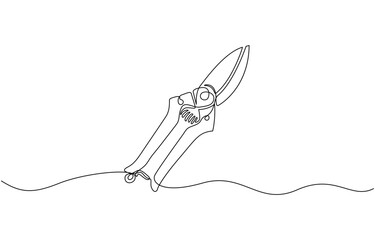 Continuous one line drawing of secateurs plant equipment, Gardening hedge trimmers line drawing with editable stroke, minimalist design concept pro style. vector illustration.