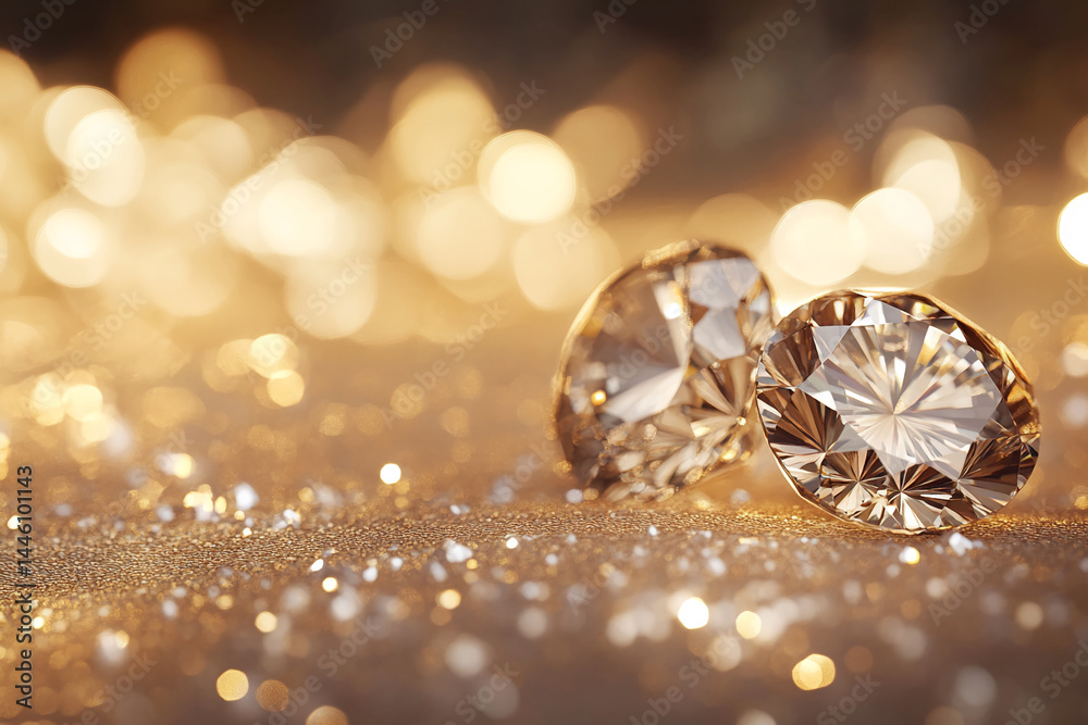 Aufkleber two sparkling diamonds rest on a shimmering gold surface, bokeh lights creating a luxurious, celebra