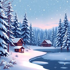 Abstract winter wonderland snow covered trees, frozen lake, gentle snowfall, cozy cabin, pure black, deep shadows art illustration design