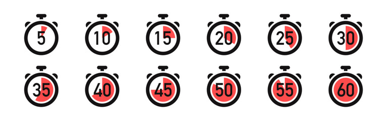 Timer icons set. Stopwatch, kitchen timer, countdown timer, cooking time symbols.