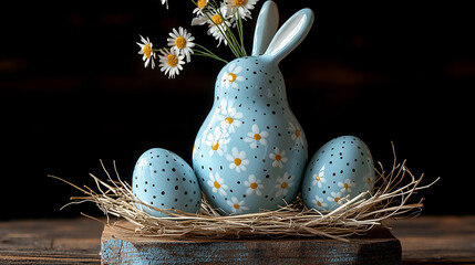 Easter themed recipe featuring colorful decorative eggs, straw arrangement, and bunny decoration. Perfect for celebrations, seasonal greetings.