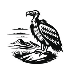 Silhouette Vulture on Rock with Mountain View. Wild Bird Wildlife in Black Design