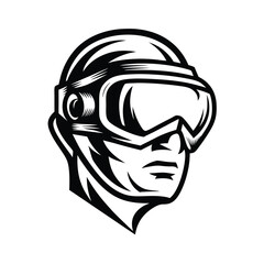 Monochrome Head with Ski Goggles, Helmet Silhouette Style Isolated on White Background
