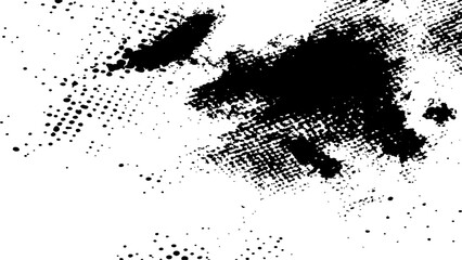 Vector new style halftone dots modern grunge texture. Black Ink splatter brush stroke on black halftone dots abstract white background	