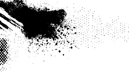 Vector new style halftone dots modern grunge texture. Black Ink splatter brush stroke on black halftone dots abstract white background	