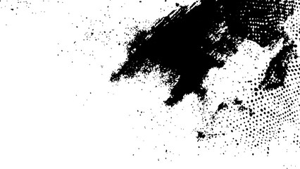 Vector new style halftone dots modern grunge texture. Black Ink splatter brush stroke on black halftone dots abstract white background	