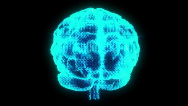 Teal ASCII Bitmap Brain Animation with Flashing Light Pulses and Rotating Motion for Digital Emergence, Sci-Fi Concepts, and Futuristic AI Visualizations