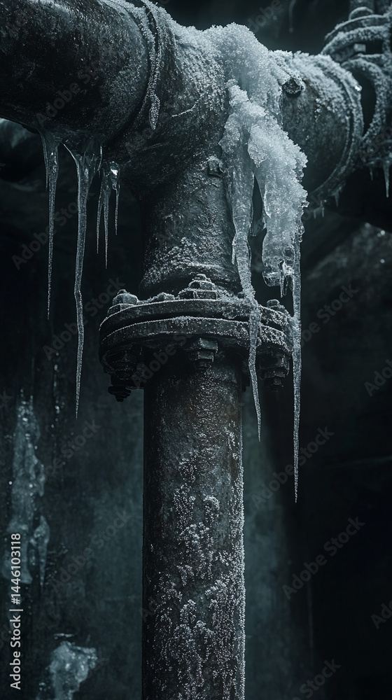 Poster frozen pipe with icicles, showcasing winter's harshness and cold temperatures, symbolizing resilienc