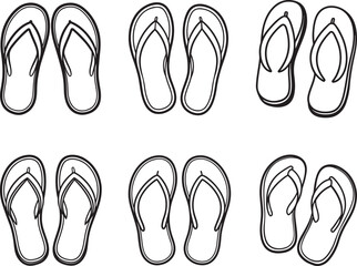 set of flip flops line art, black outline, vector and illustration, coloring book page line art drawing