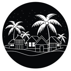 Tropical Night Scene Palm Trees and Houses Illustration © shahin