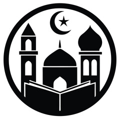 Islamic Mosque Symbol Crescent Moon, Star, and Open Quran