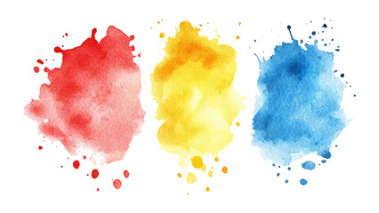 Set of watercolor circles brash multicolored. watercolor on white transparent background. Three watercolor spots with colorful drops and spray on a white background for artistic design projects