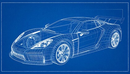Naklejka premium Futuristic Sports Car Blueprint Wireframe — CAD Concept