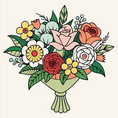 Colorful Bouquet with Roses, Daisy, Berries and Leaves HandDrawn Botanical Art