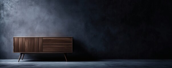A wooden cabinet stands against a dark concrete textured wall
