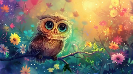 Obraz premium Charming owl gazing with wonder while perched on a flower-draped branch in a vibrant forest