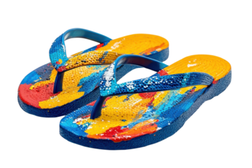 Vibrant hand painted flip flops summer beach fun splash blue yellow red orange sunny style