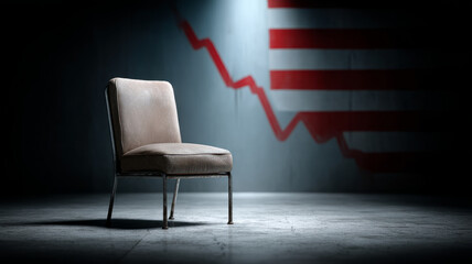 Empty chair with red decline graph on wall background.