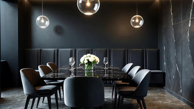 Elegant black dining room with modern glass table, stylish chairs, marble wall, hanging globe lights, and a floral centerpiece on table


