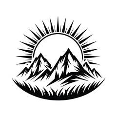 Mountain peaks and sunburst with grass monochrome art in minimal isolated style